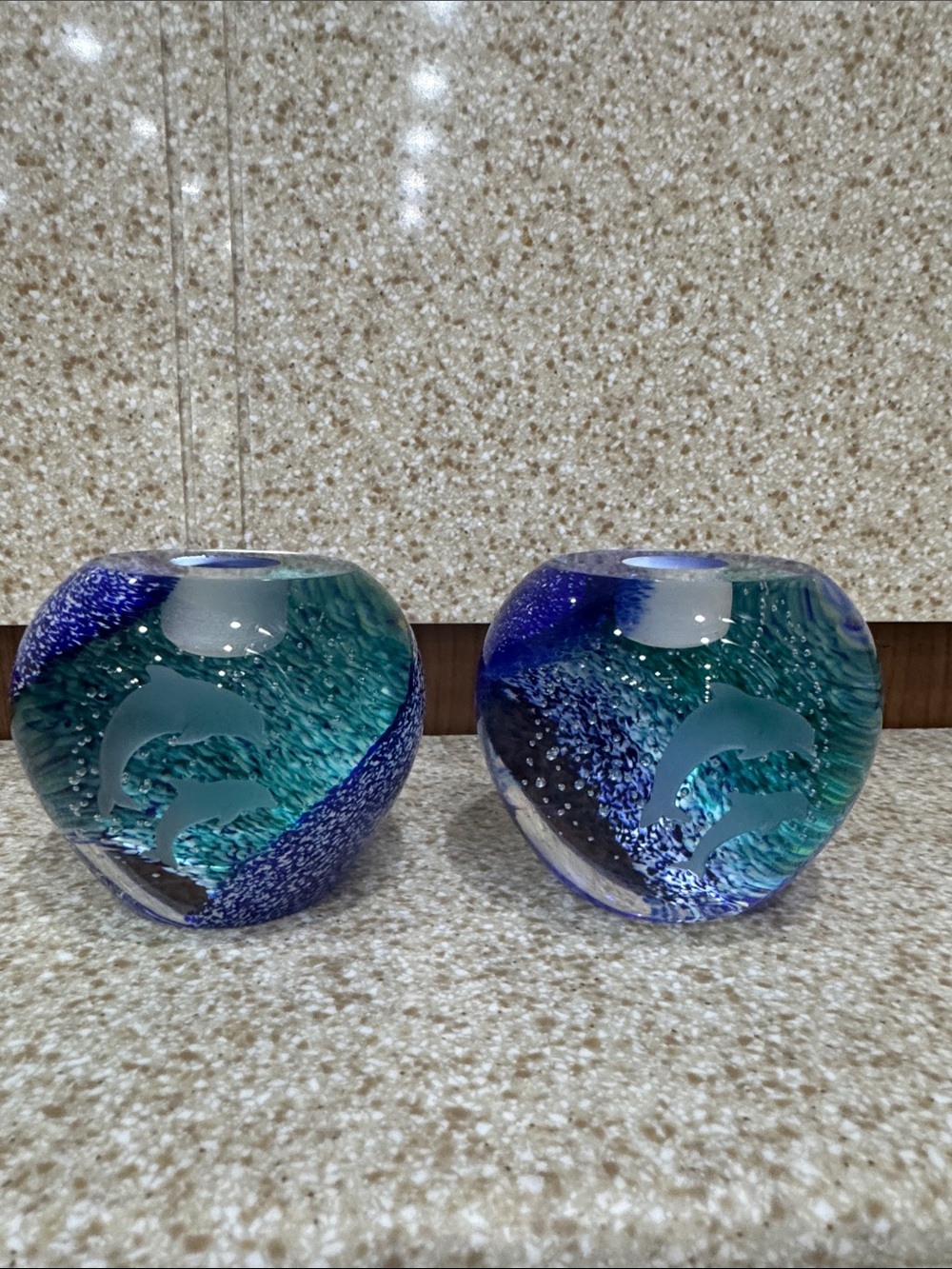 Pair of orb Glass Candleholders with Dolphin Motif - Blue Teal